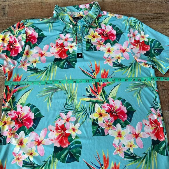 Bad Birdie Mens XL Hawaiian Tropical Floral Polo Shirt Short Sleeve in Blue - Picture 2 of 6